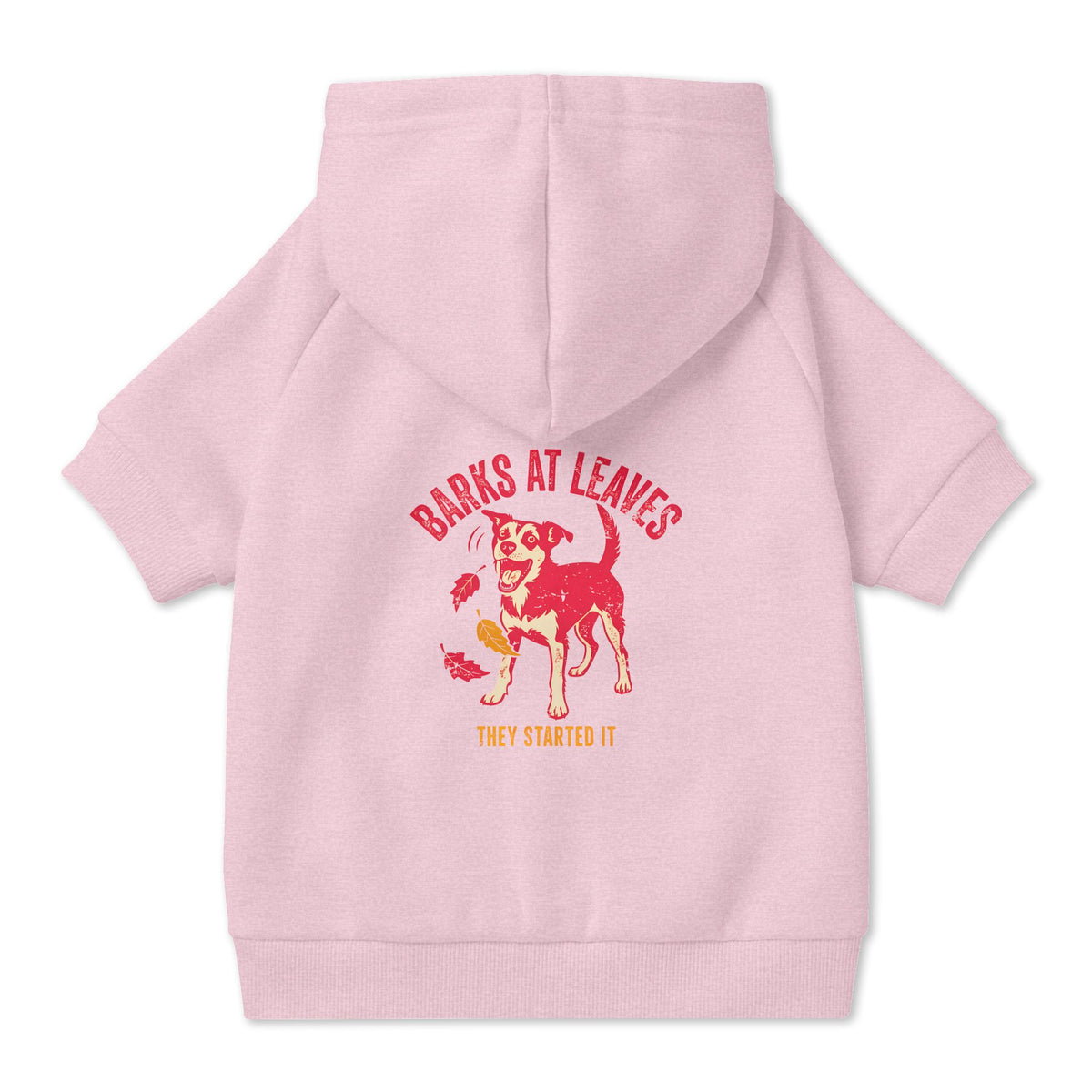 Barks at Leaves Dog Hoodie in Pink, back view — SniffWaggleNWalk™