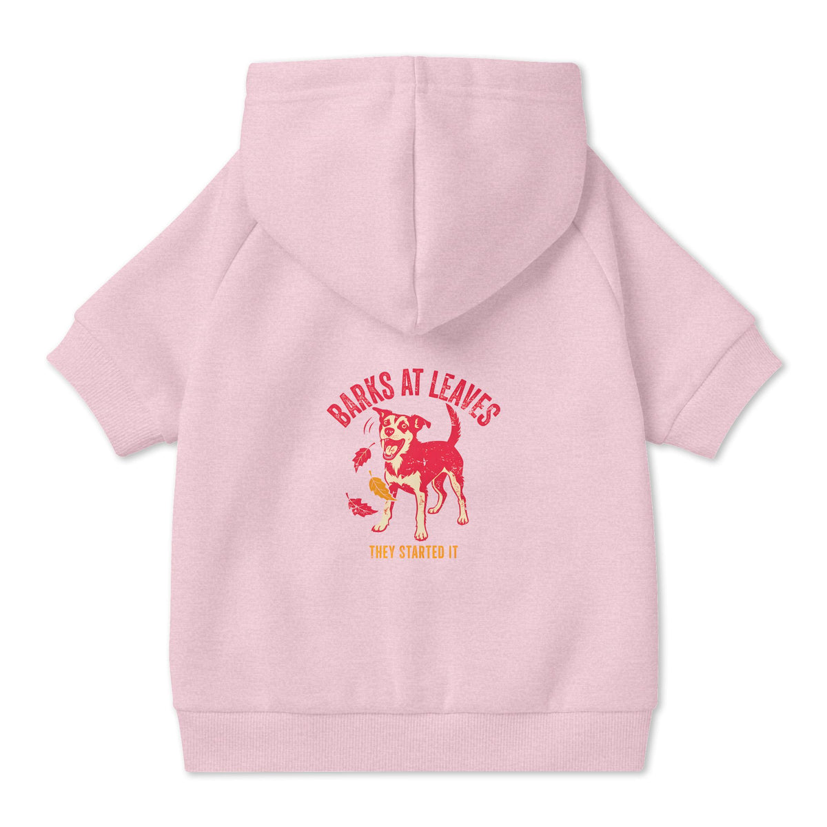 Barks at Leaves Dog Hoodie in Pink, back view — SniffWaggleNWalk™