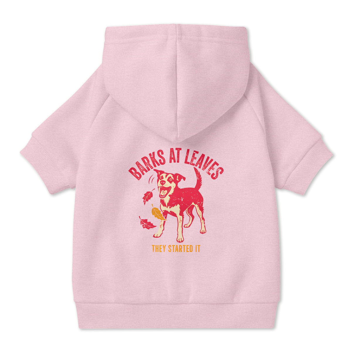 Barks at Leaves Dog Hoodie in Pink, back view — SniffWaggleNWalk™