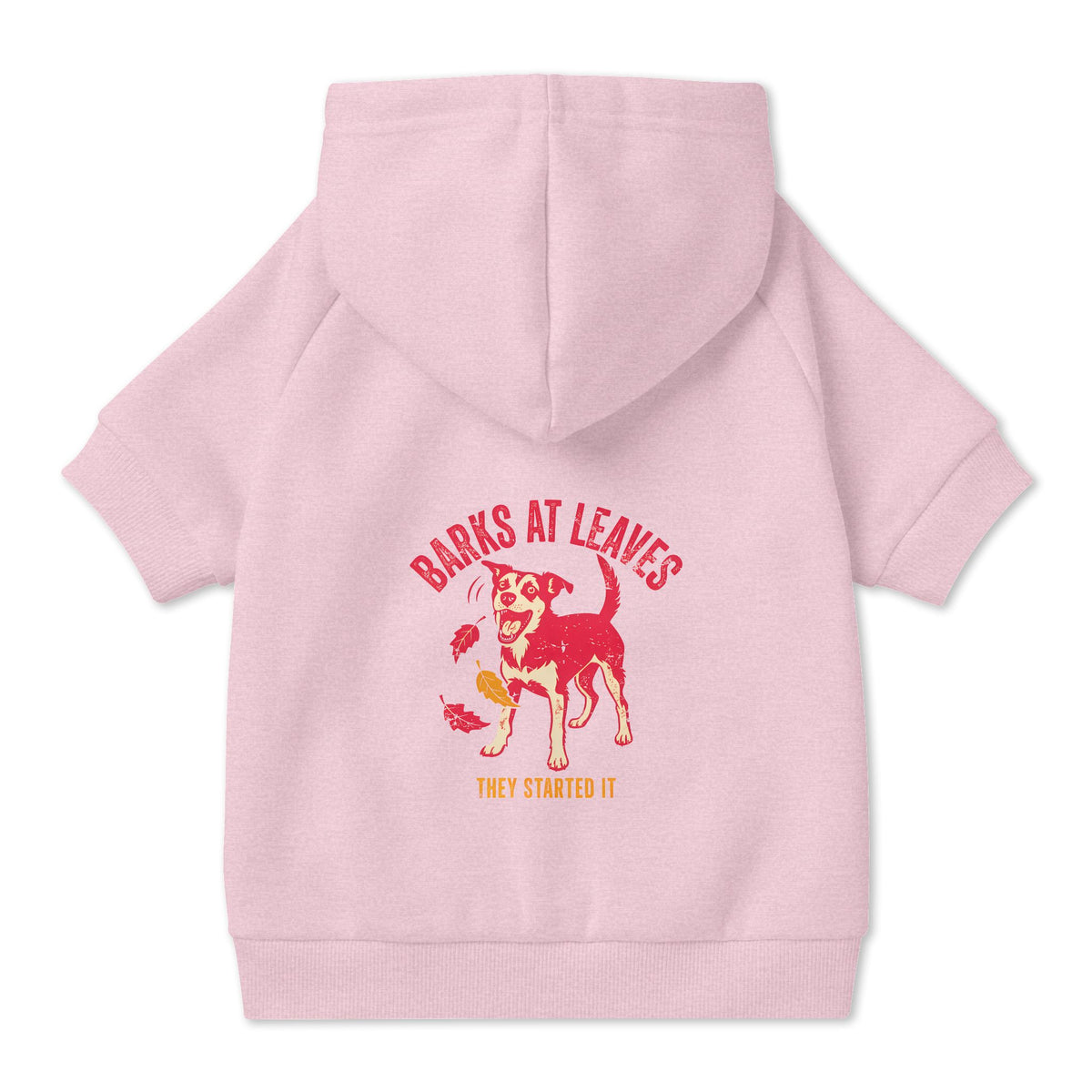 Barks at Leaves Dog Hoodie in Pink, back view — SniffWaggleNWalk™