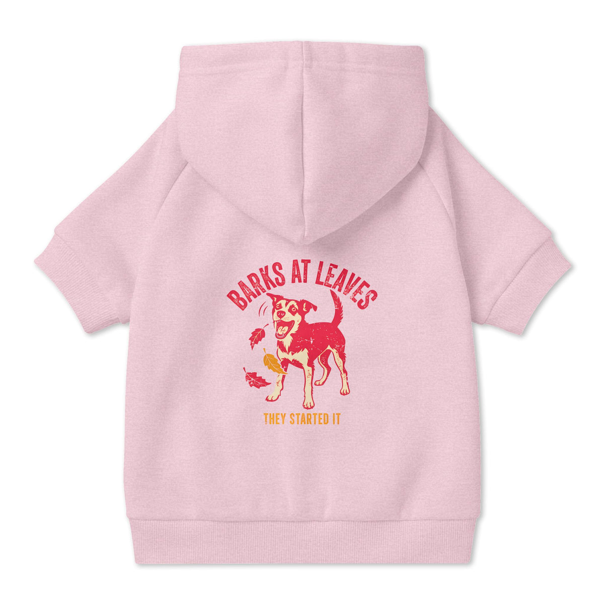 Barks at Leaves Dog Hoodie in Pink, back view — SniffWaggleNWalk™