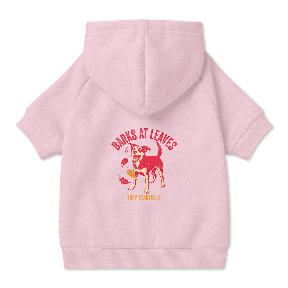 Barks at Leaves Dog Hoodie in Pink, back view — SniffWaggleNWalk™
