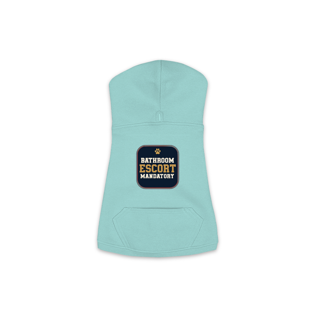 Bathroom Escort dog hoodie in saltwater blue, sizes XS to M