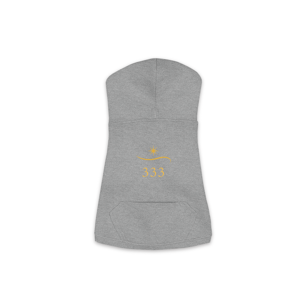 333 Angel Number dog hoodie in Granite Heather — gold spark emblem and '333' print on Doggie Skins fleece pullover