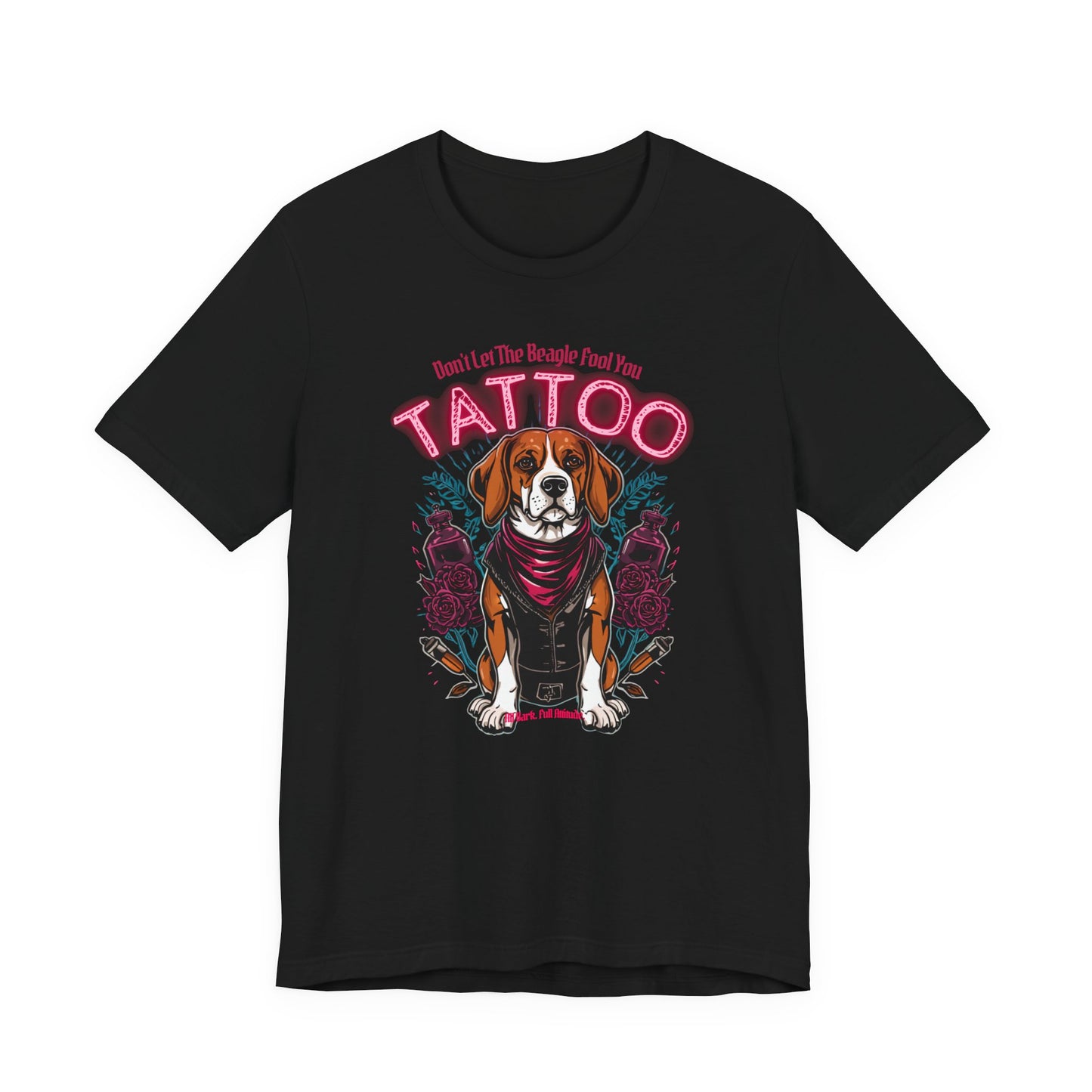 Beagle Biker Ink Shop t-shirt in black, flat lay