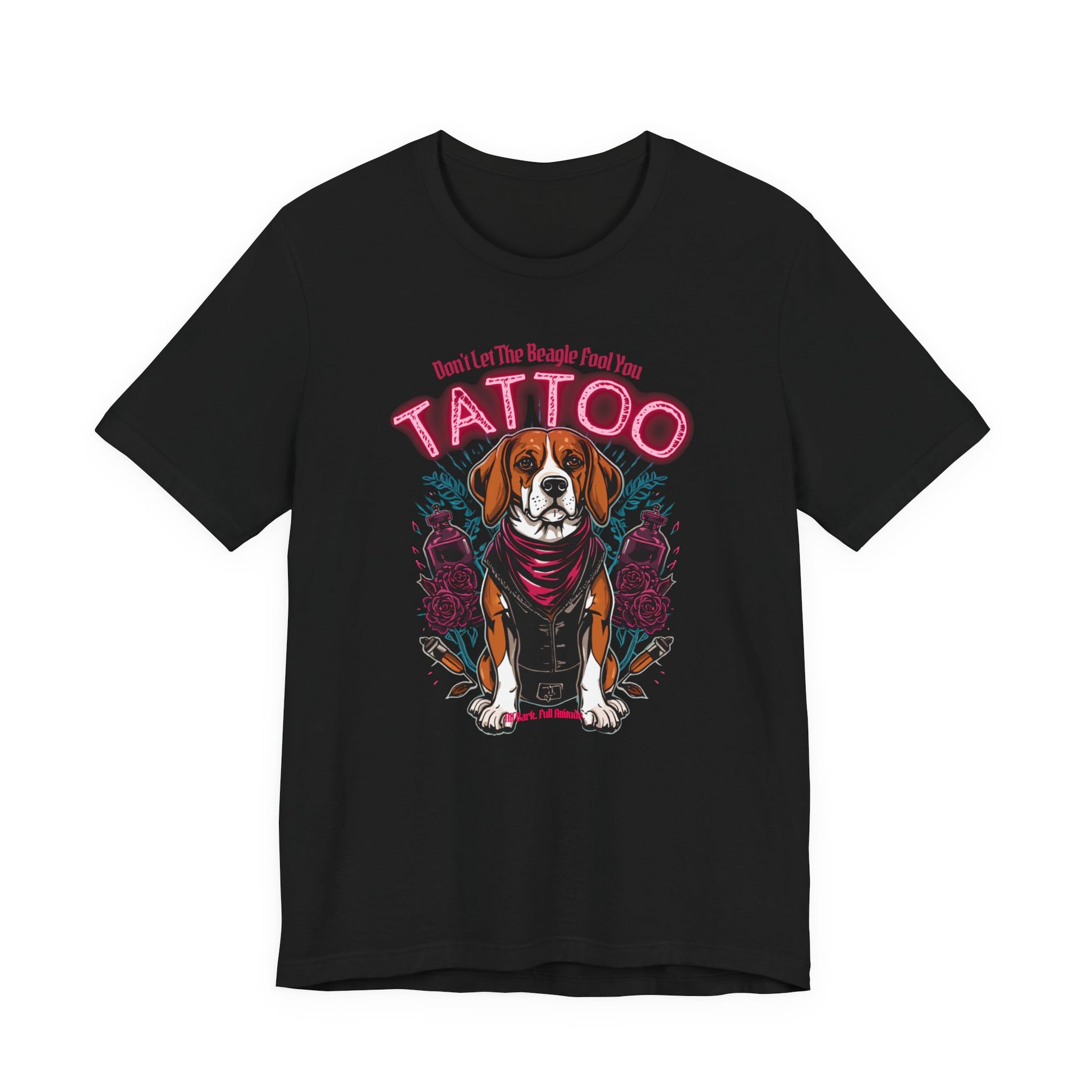 Beagle Biker Ink Shop t-shirt in black, flat lay