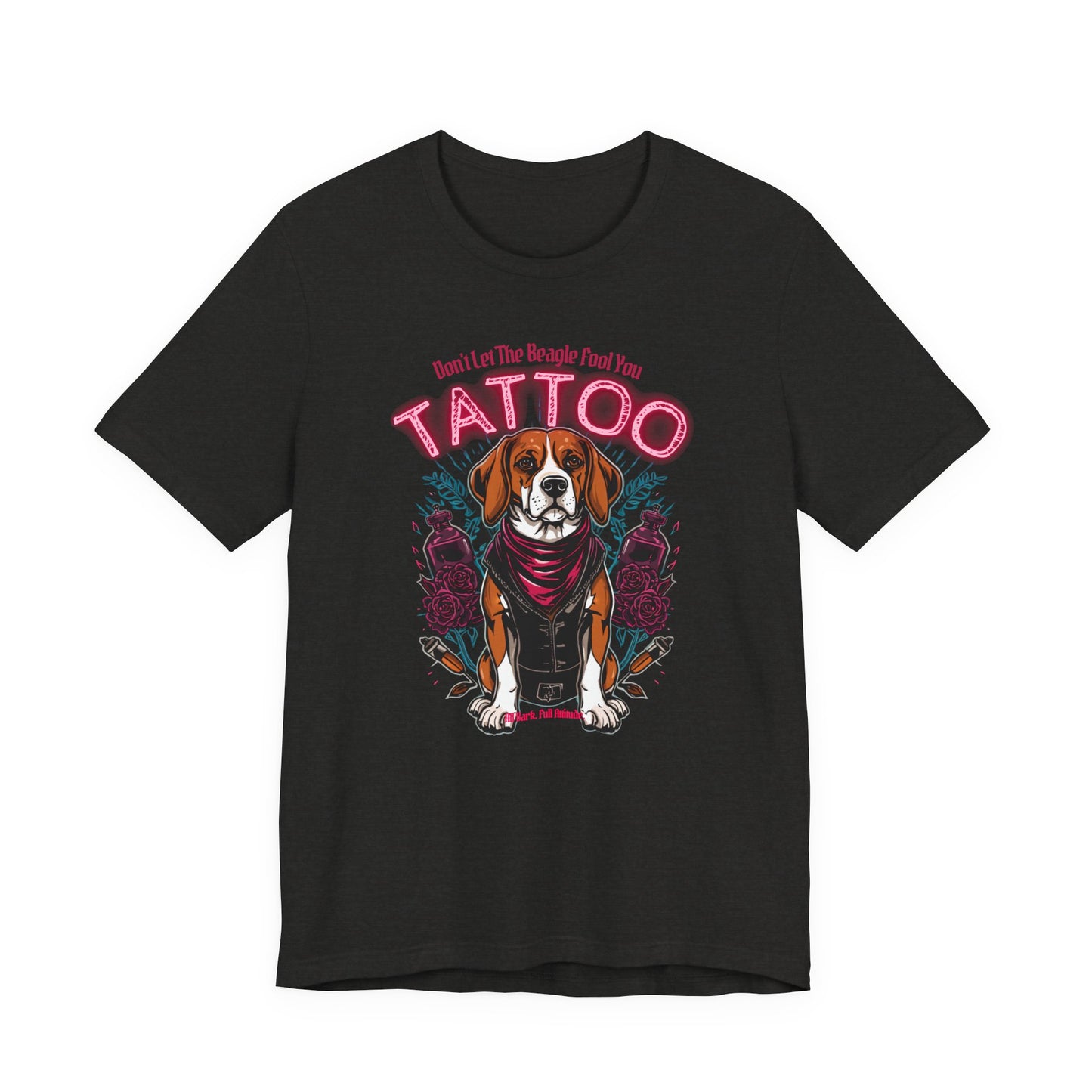 Beagle Biker Ink Shop t-shirt in black heather, front view