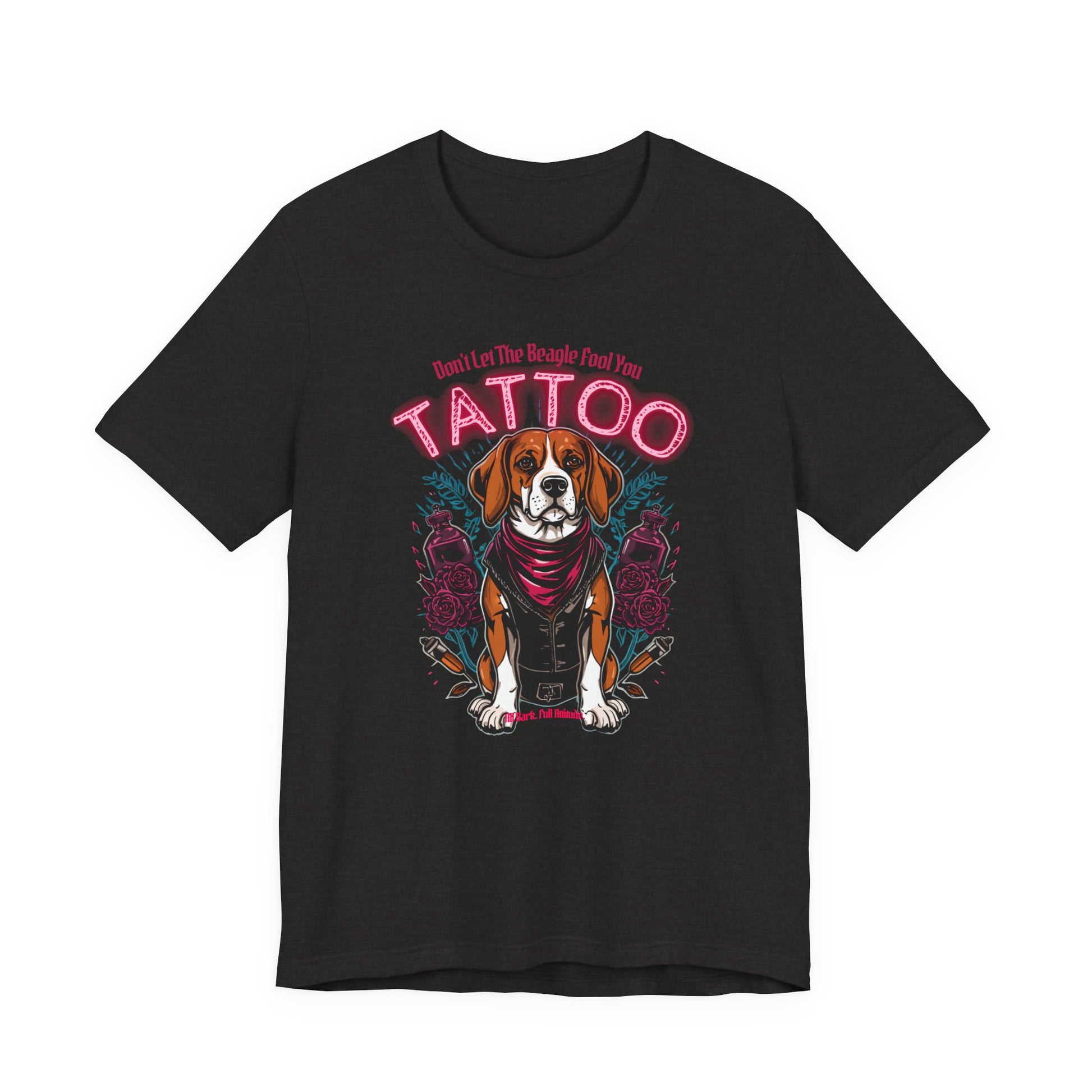 Beagle Biker Ink Shop t-shirt in black heather, front view