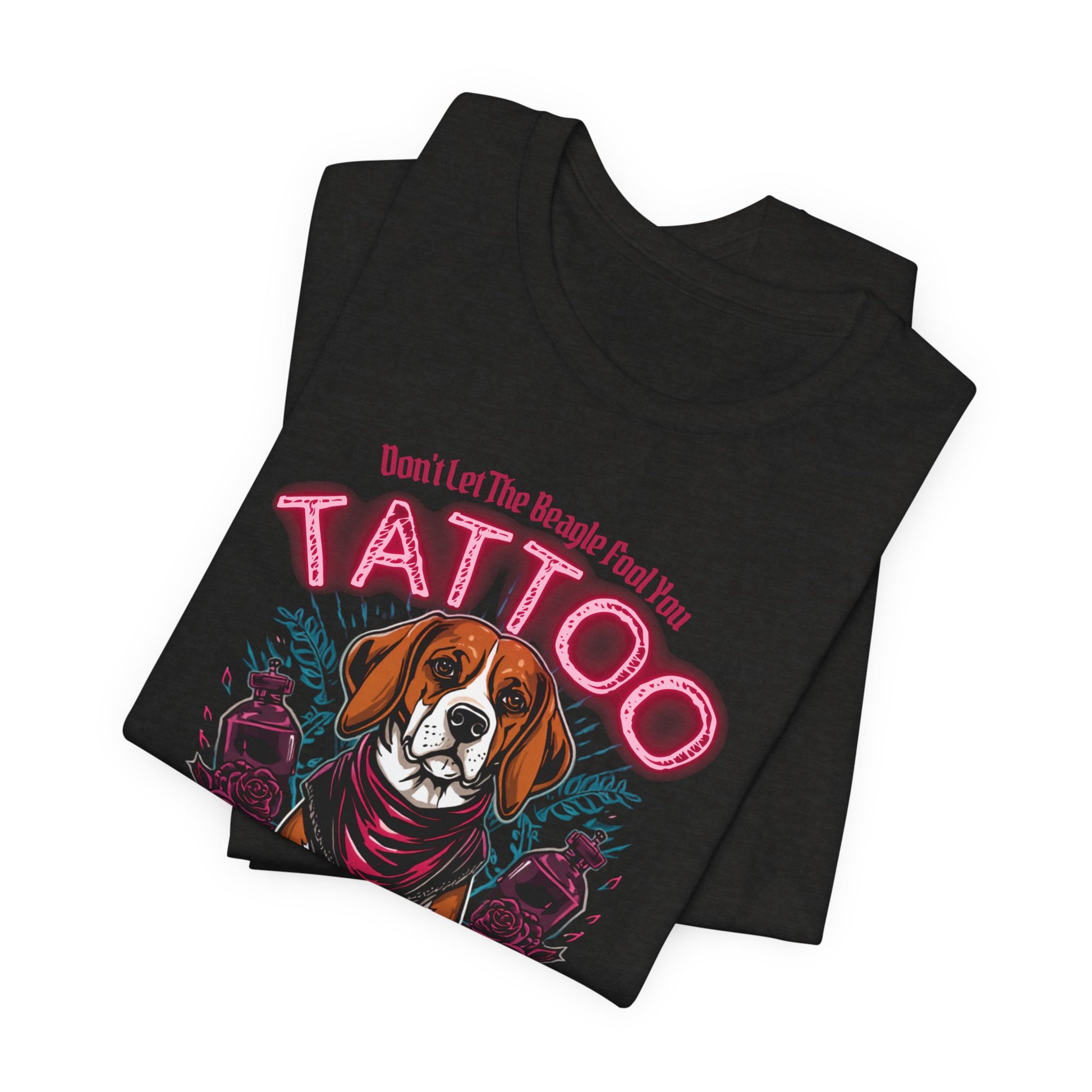Beagle Biker Ink Shop t-shirt in black heather, side view