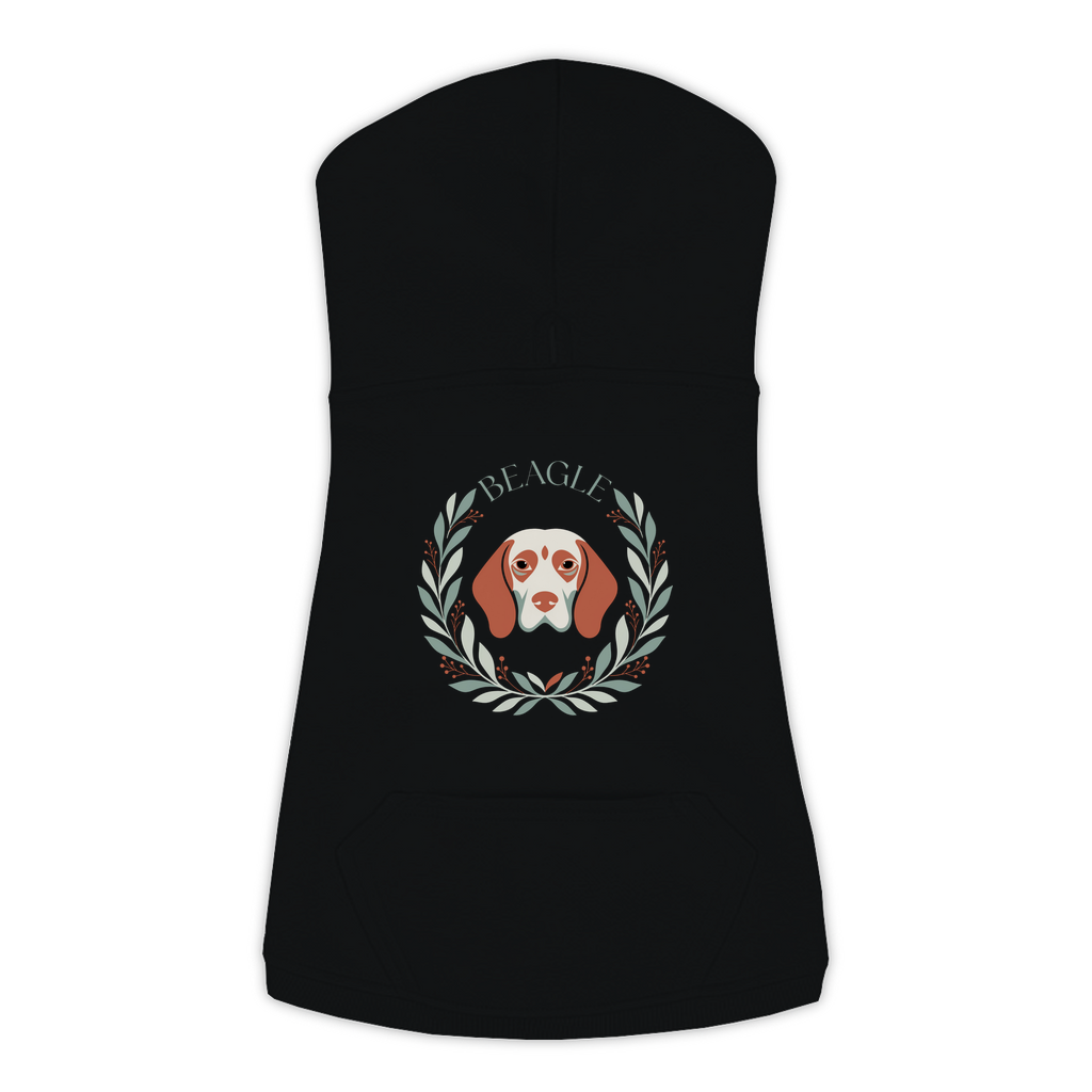 Beagle dog hoodie in Black — boho-inspired print on cosy fleece pullover, size L