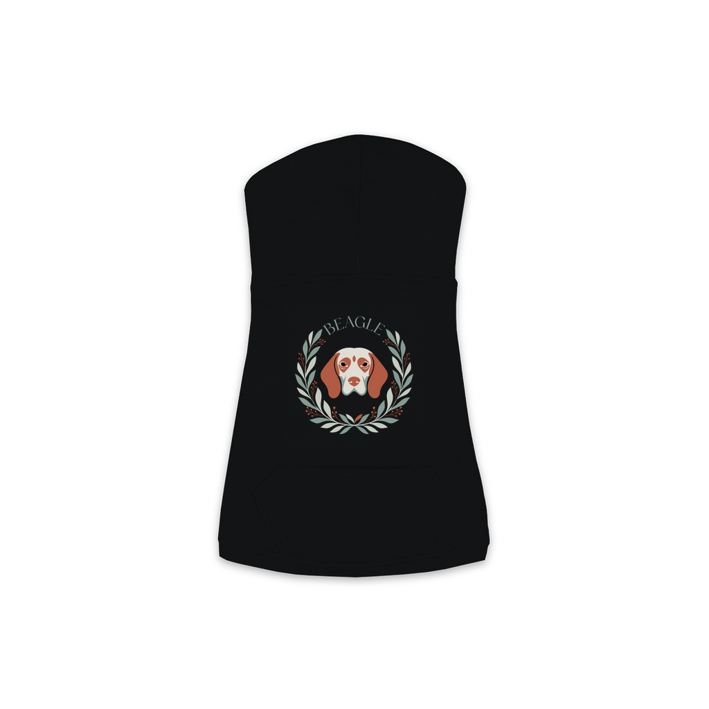 Beagle dog hoodie in Black — boho-inspired print on cosy fleece pullover, size M