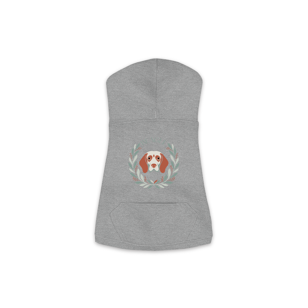Beagle dog hoodie in Granite Heather — boho-inspired print on cosy fleece pullover, size M