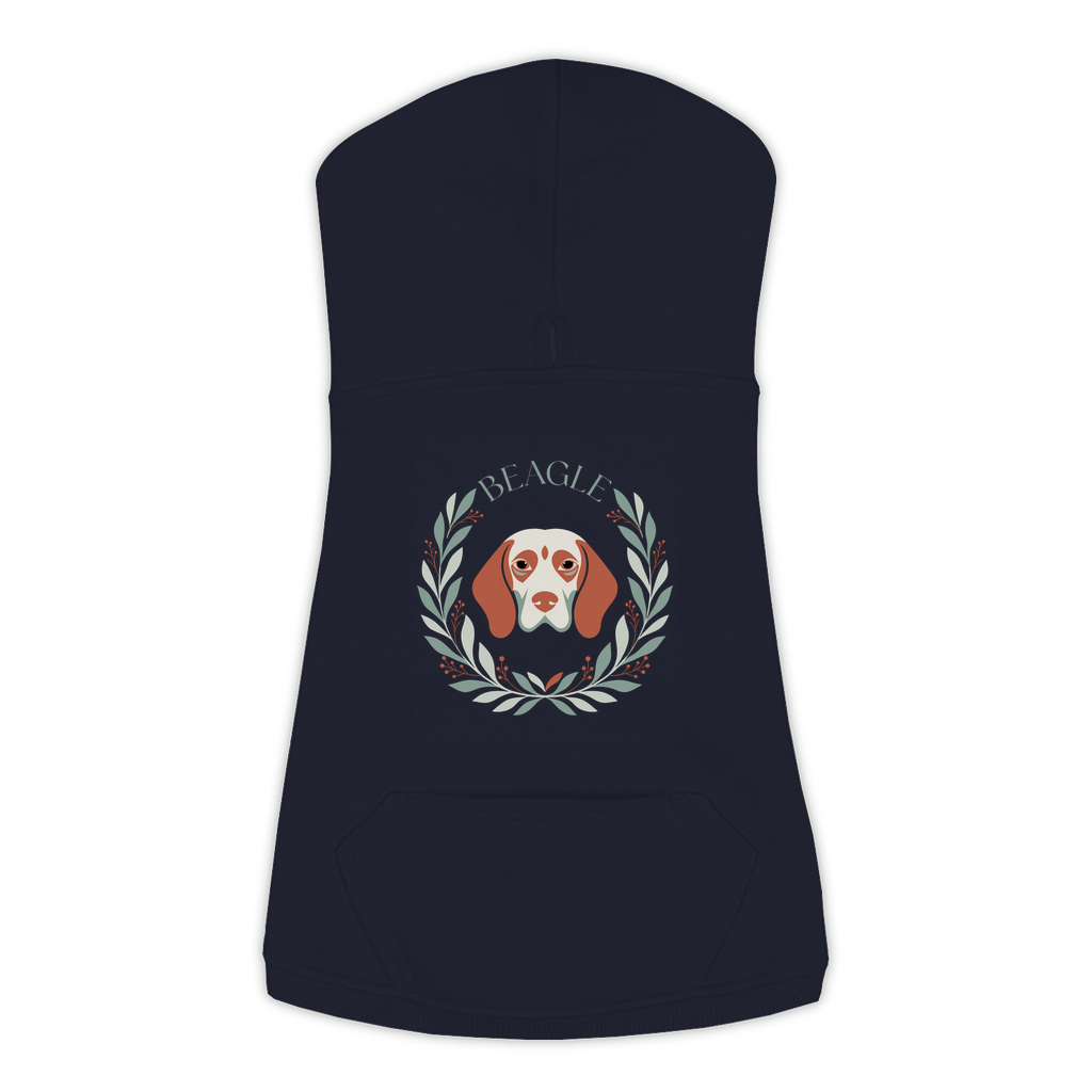Beagle dog hoodie in Navy — boho-inspired print on cosy fleece pullover, size L