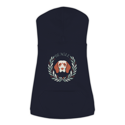 Beagle dog hoodie in Navy — boho-inspired print on cosy fleece pullover, size L