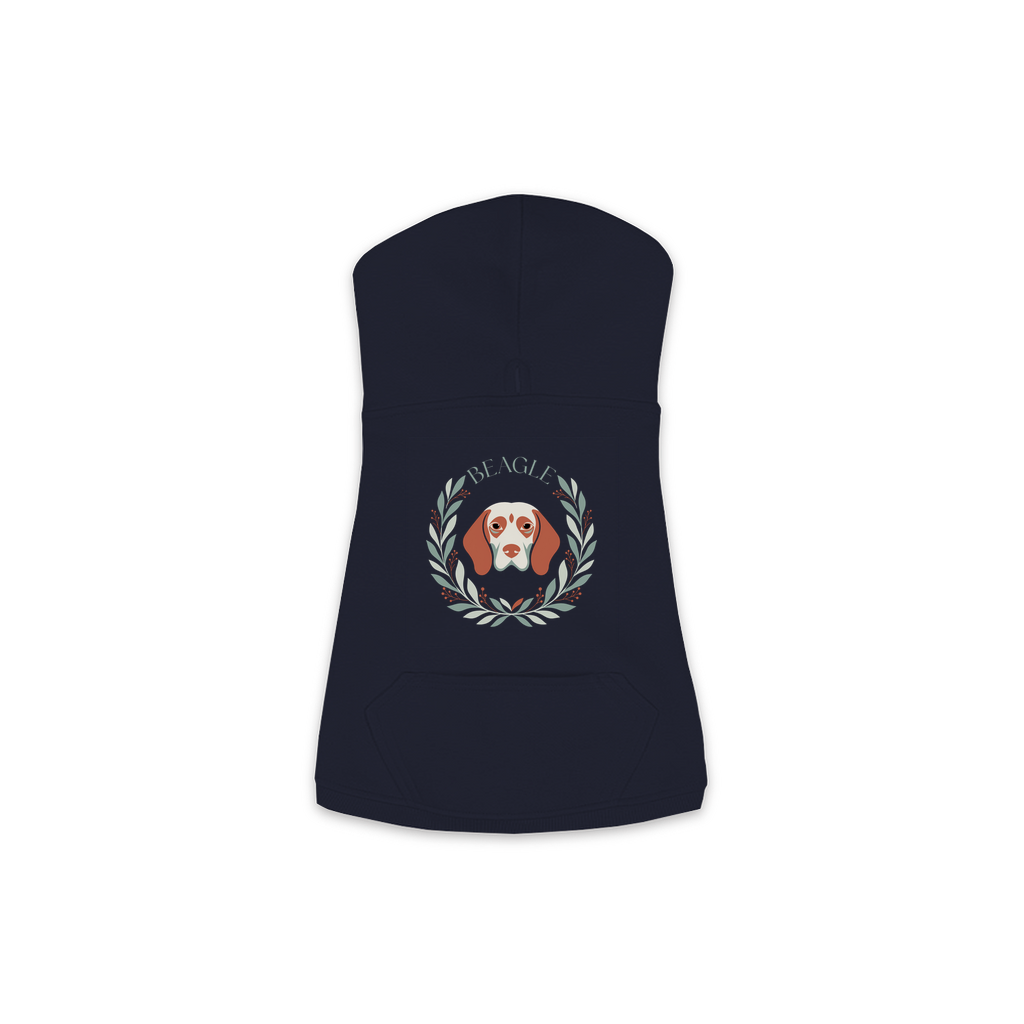 Beagle dog hoodie in Navy — boho-inspired print on cosy fleece pullover, size M