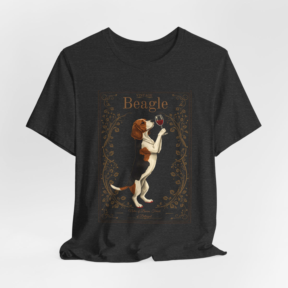 Close-up of Beagle Breed Sommelier wine label design on black t-shirt