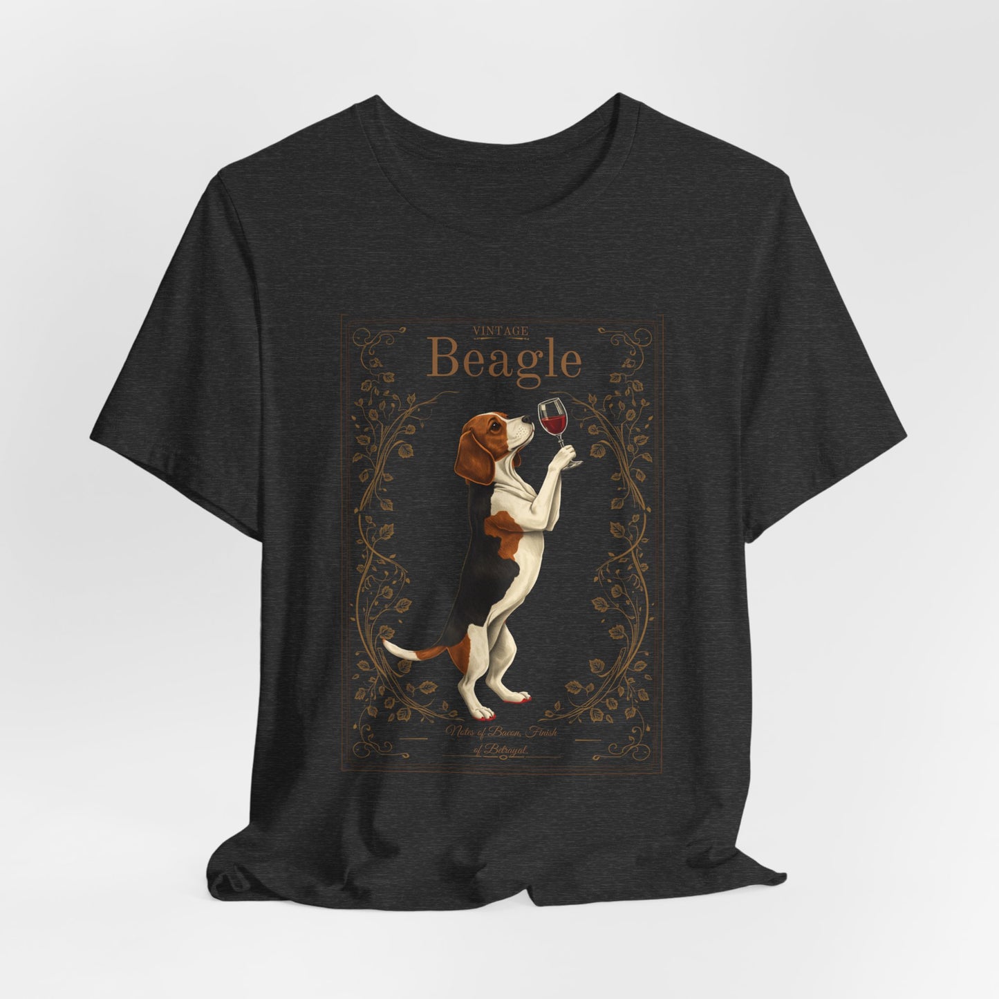 Close-up of Beagle Breed Sommelier wine label design on black t-shirt