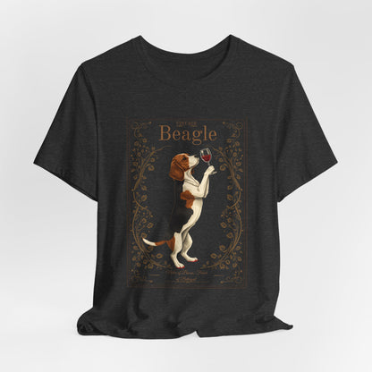 Close-up of Beagle Breed Sommelier wine label design on black t-shirt