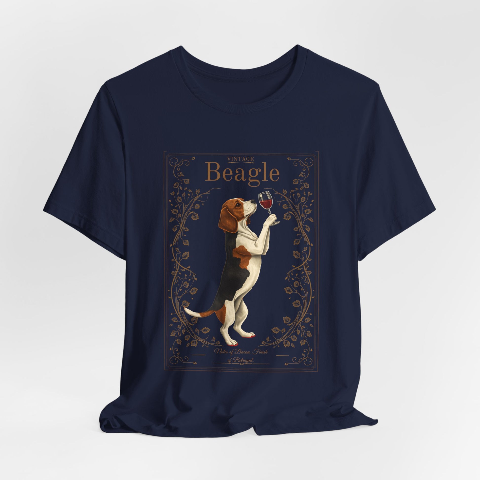 Close-up of Beagle Breed Sommelier wine label design on black heather t-shirt