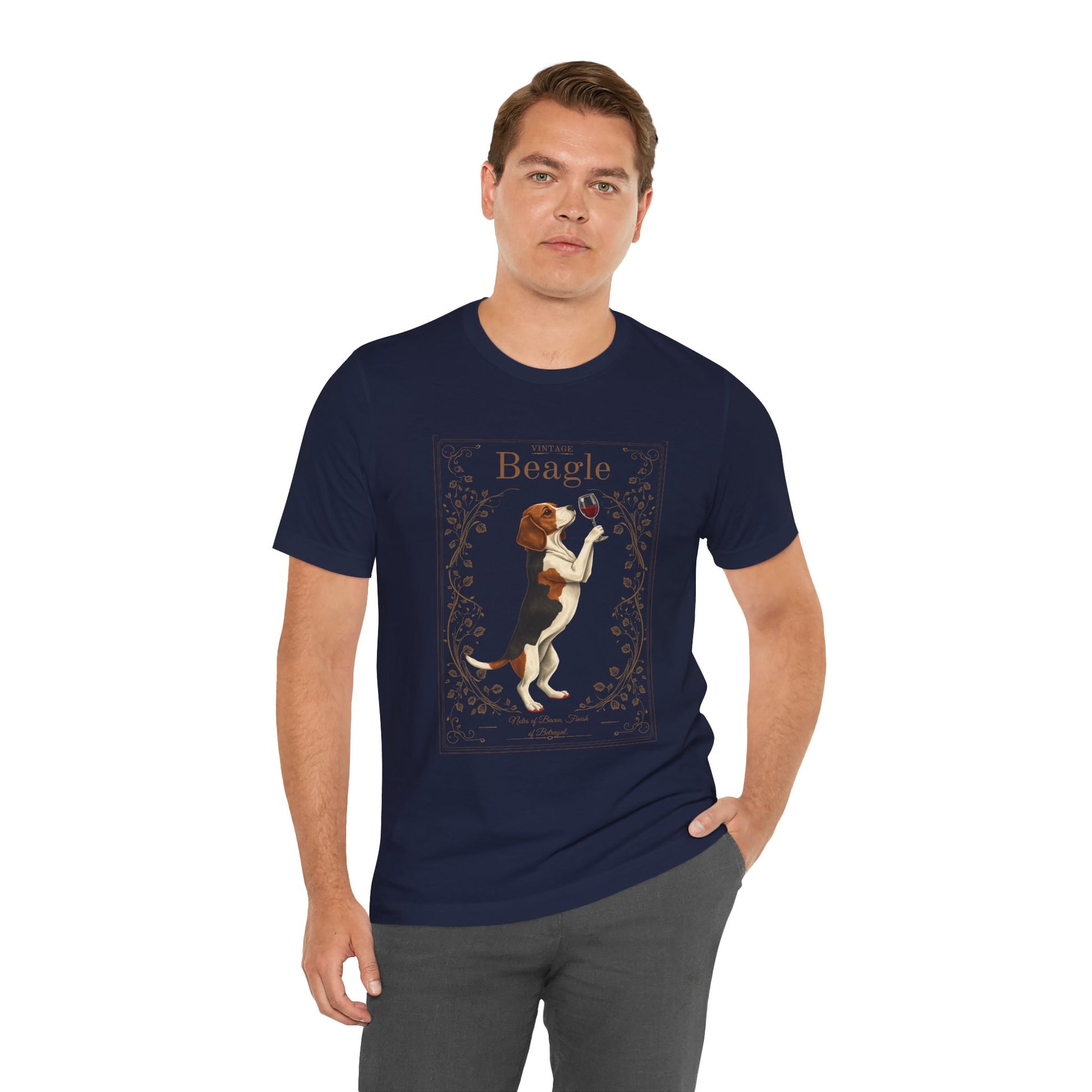 Close-up of Beagle Breed Sommelier wine label design on dark grey heather t-shirt