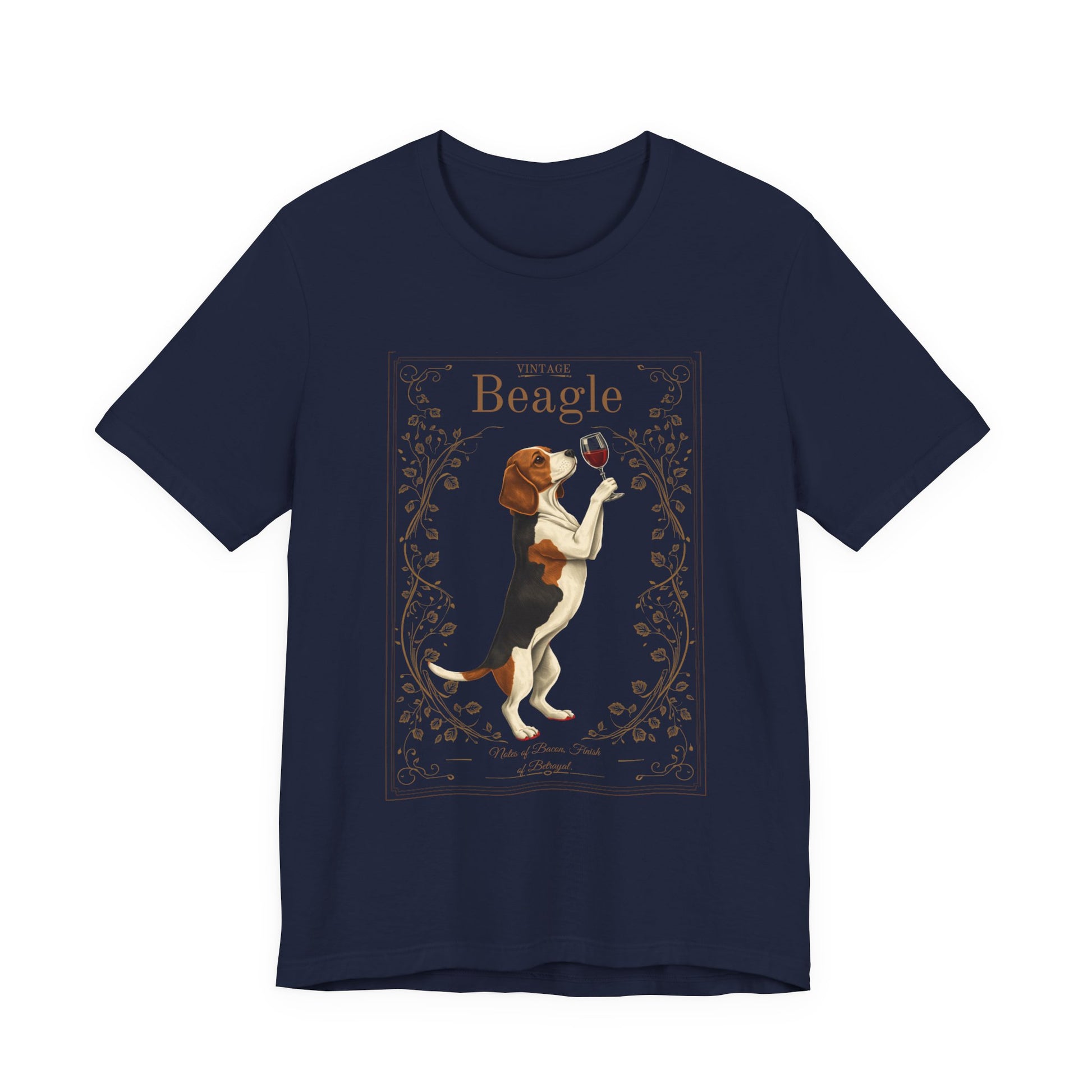 Close-up of Beagle Breed Sommelier wine label design on dark grey heather t-shirt