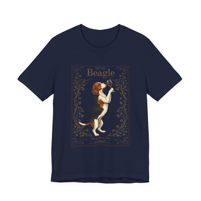 Close-up of Beagle Breed Sommelier wine label design on dark grey heather t-shirt