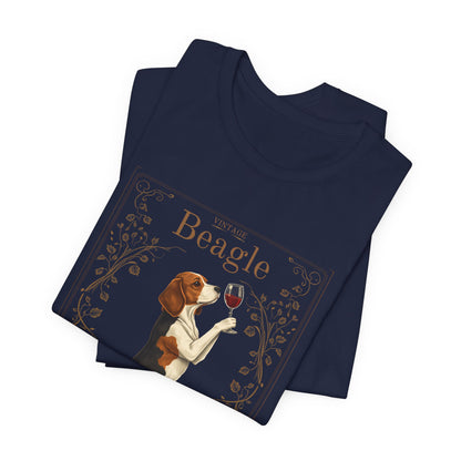 Close-up of Beagle Breed Sommelier wine label design on navy t-shirt