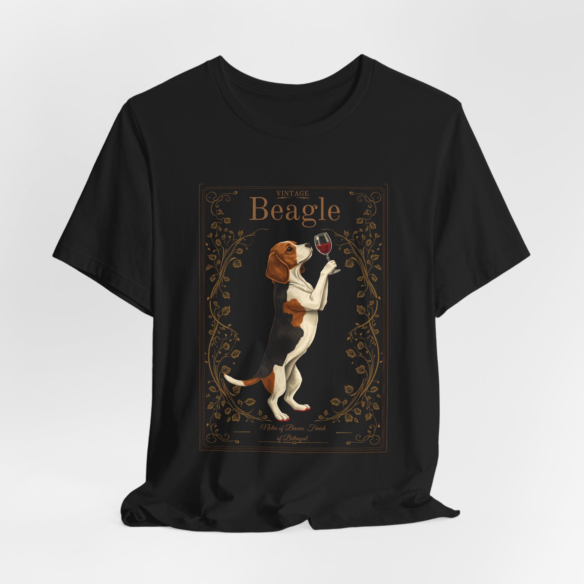 Model wearing Beagle Breed Sommelier t-shirt in black — lifestyle photo