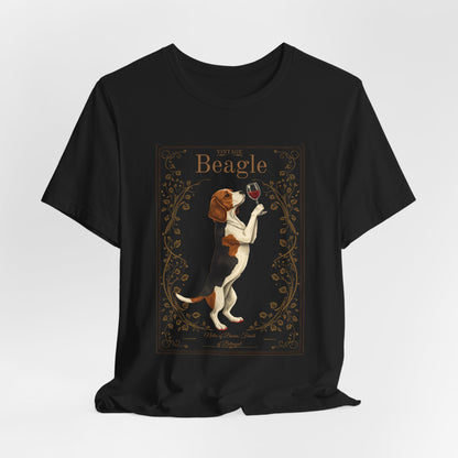 Model wearing Beagle Breed Sommelier t-shirt in black — lifestyle photo