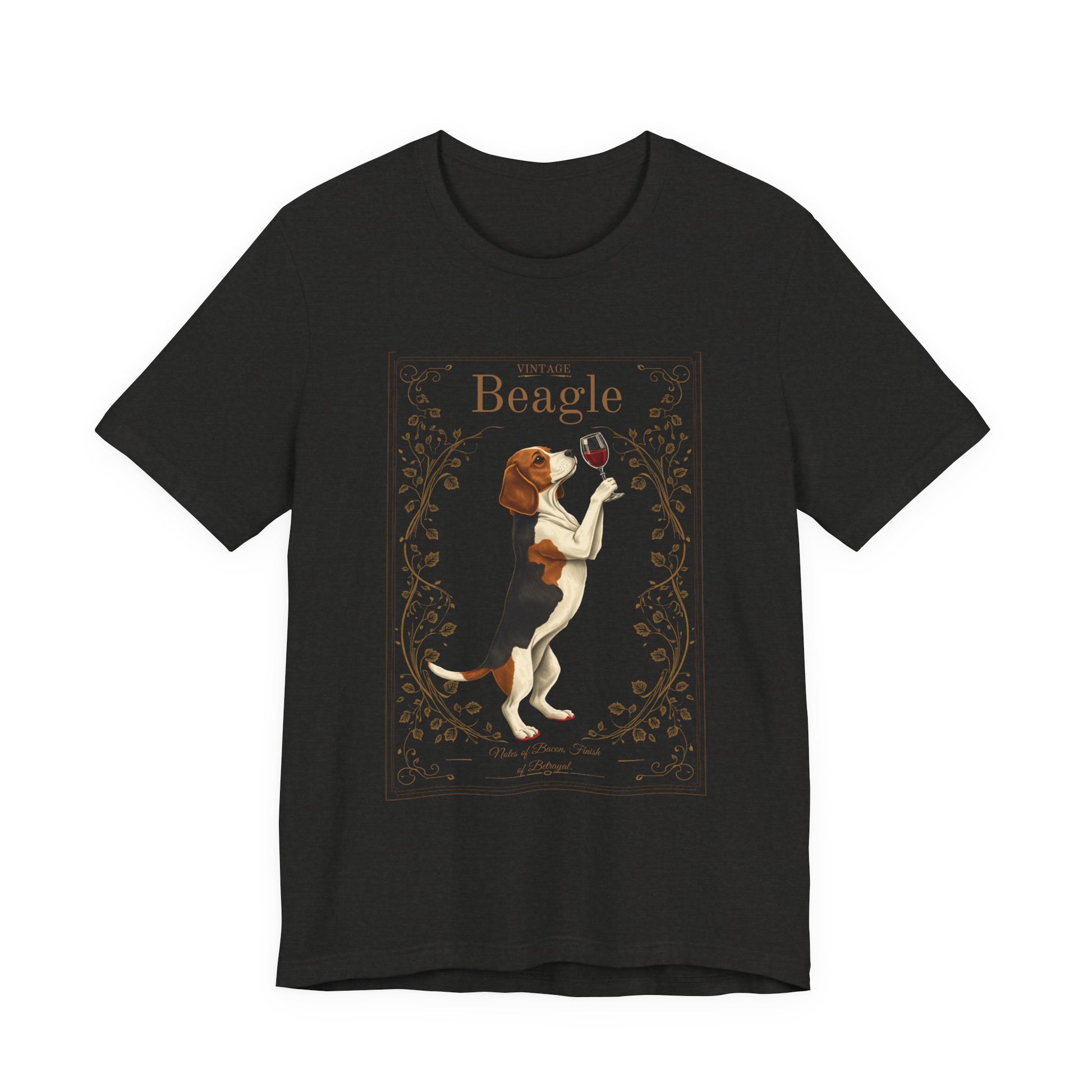 Model wearing Beagle Breed Sommelier t-shirt in dark grey heather — lifestyle photo