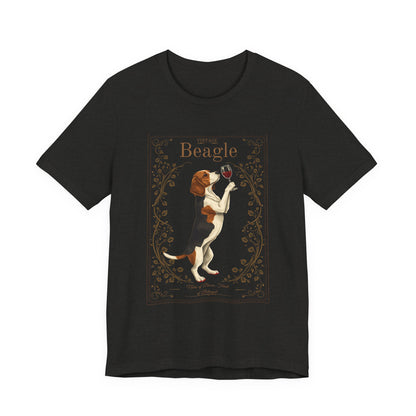 Model wearing Beagle Breed Sommelier t-shirt in dark grey heather — lifestyle photo