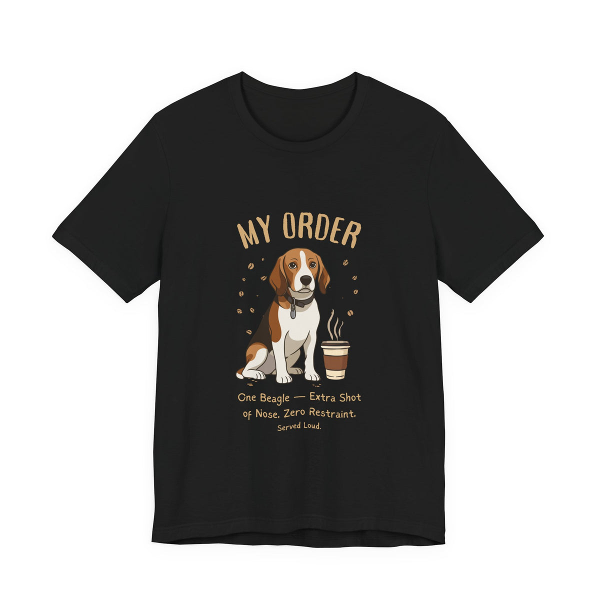 Beagle Café Order T-Shirt – Black – Flat Lay