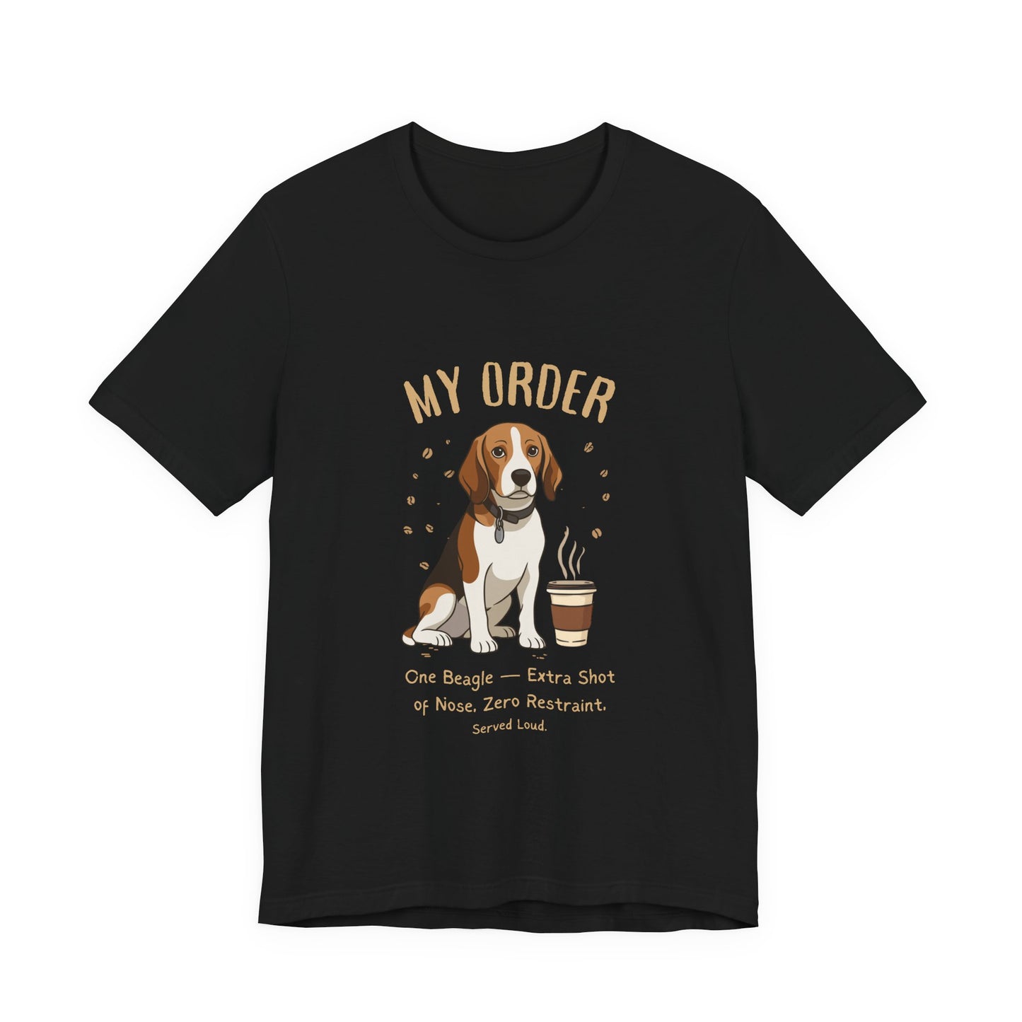 Beagle Café Order T-Shirt – Black – Flat Lay