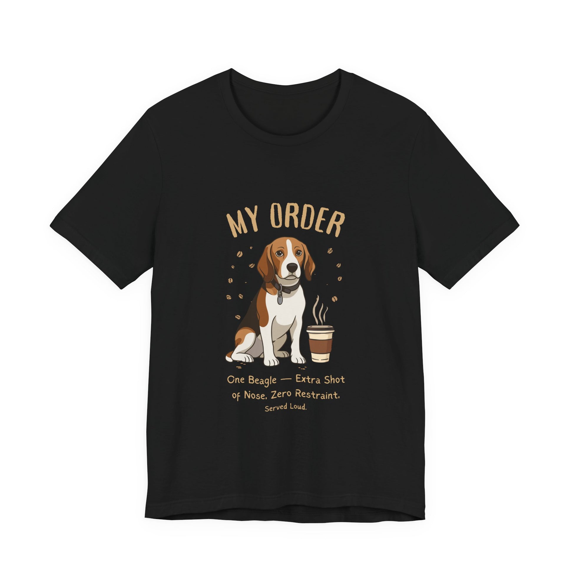 Beagle Café Order T-Shirt – Black – Flat Lay