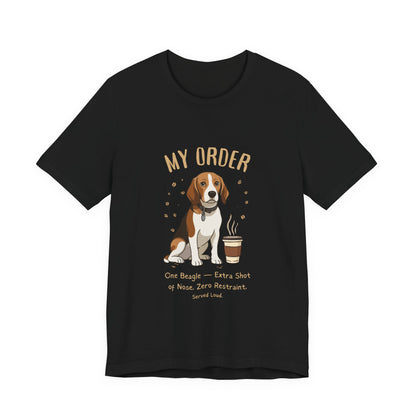 Beagle Café Order T-Shirt – Black – Flat Lay