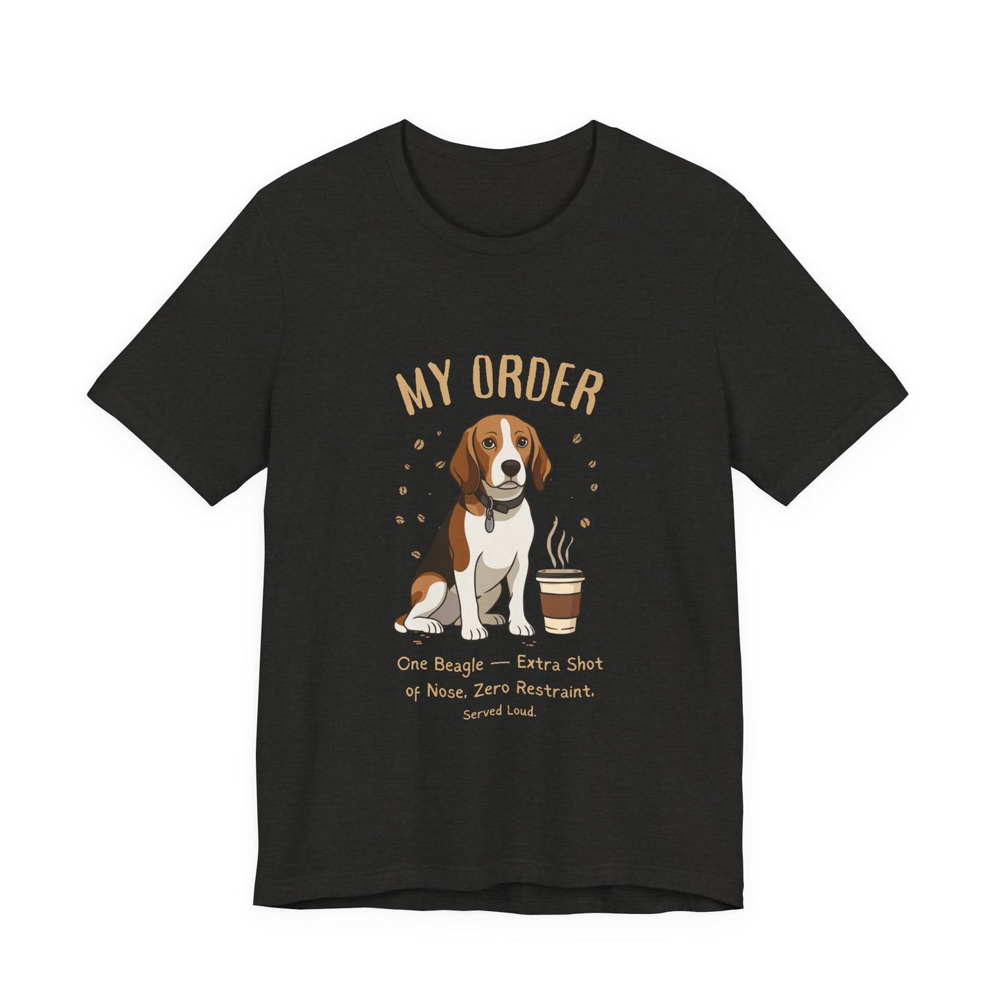 Beagle Café Order T-Shirt – Black Heather – Front View