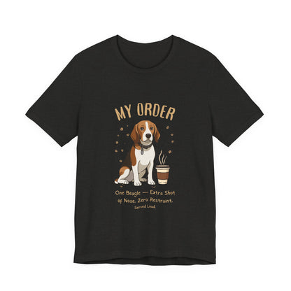 Beagle Café Order T-Shirt – Black Heather – Front View