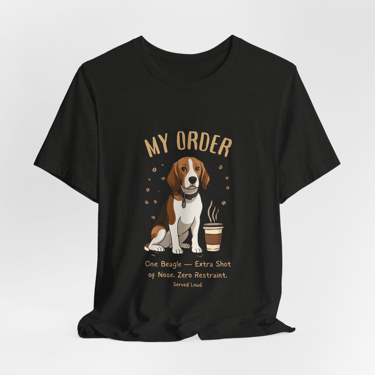 Beagle Café Order T-Shirt – Black Heather – Lifestyle View