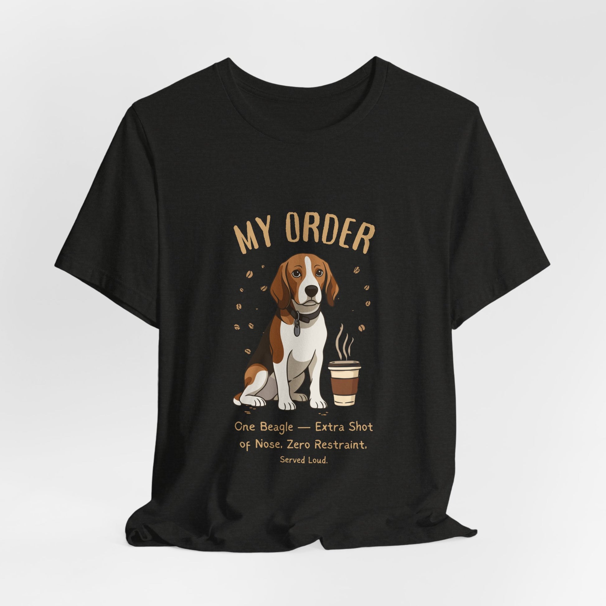 Beagle Café Order T-Shirt – Black Heather – Lifestyle View