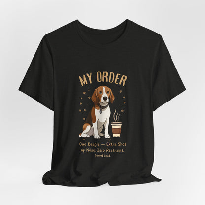 Beagle Café Order T-Shirt – Black Heather – Lifestyle View