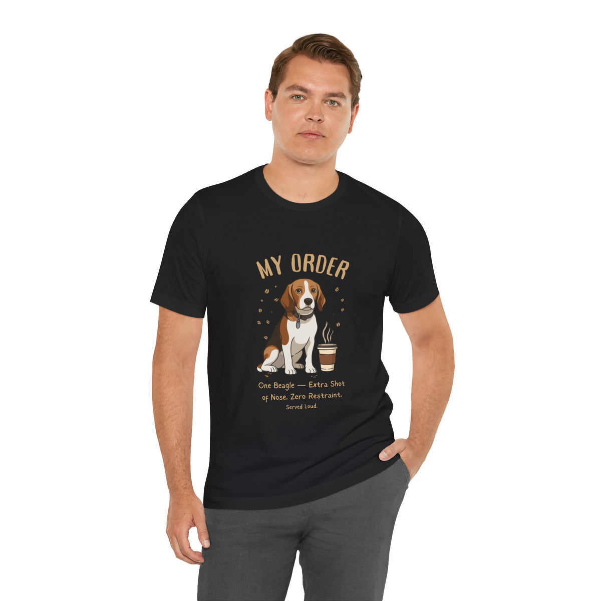 Beagle Café Order T-Shirt – Black – Lifestyle View