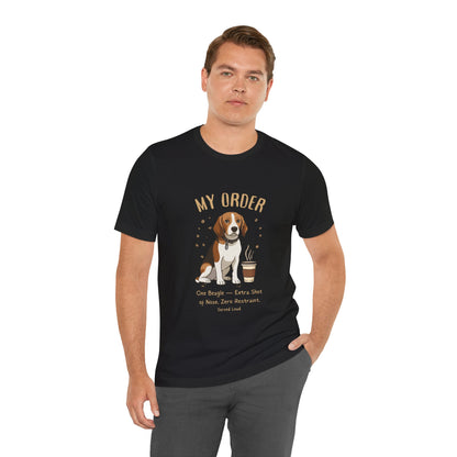 Beagle Café Order T-Shirt – Black – Lifestyle View