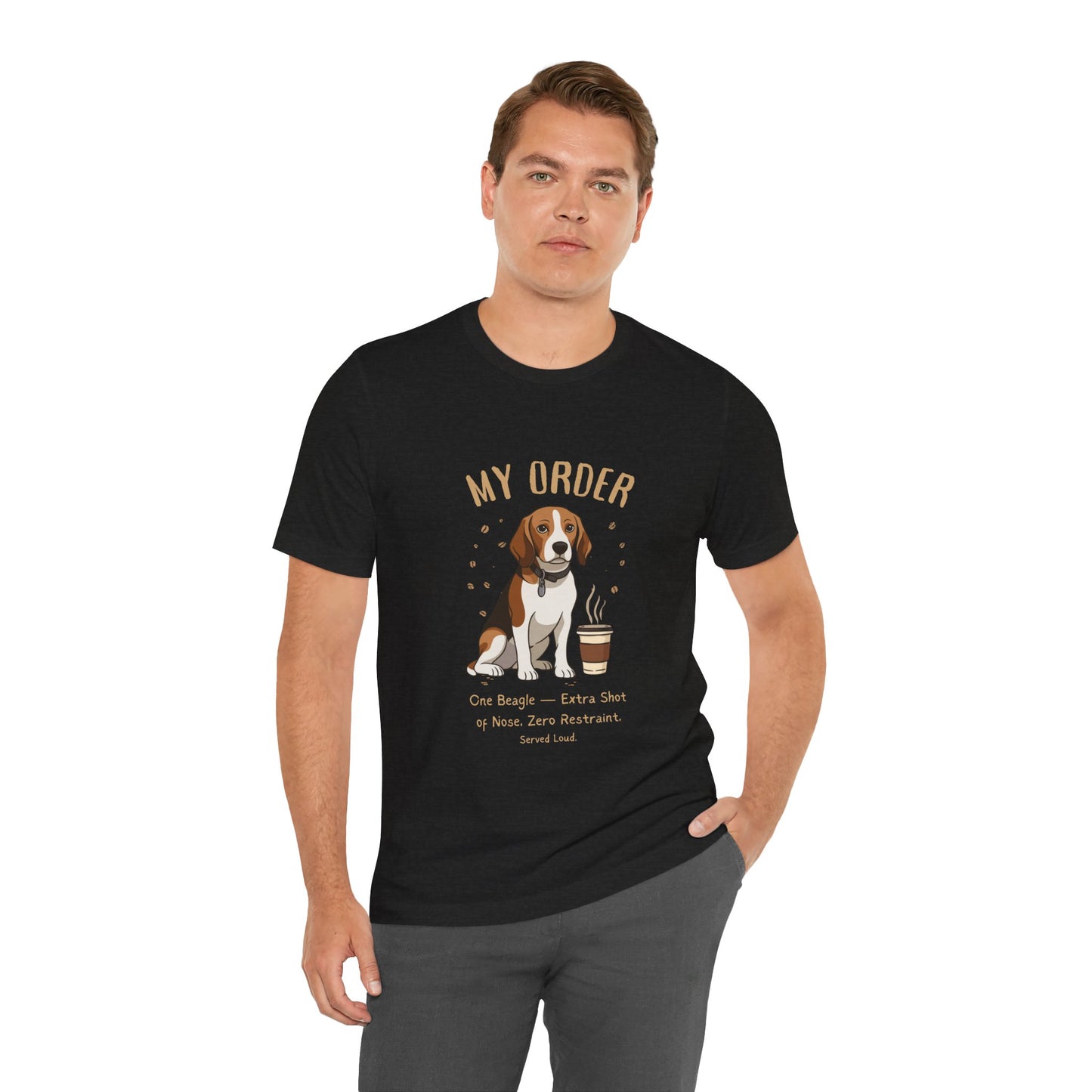 Beagle Café Order T-Shirt – Dark Grey Heather – Flat Lay