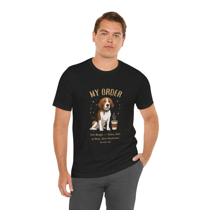 Beagle Café Order T-Shirt – Dark Grey Heather – Flat Lay