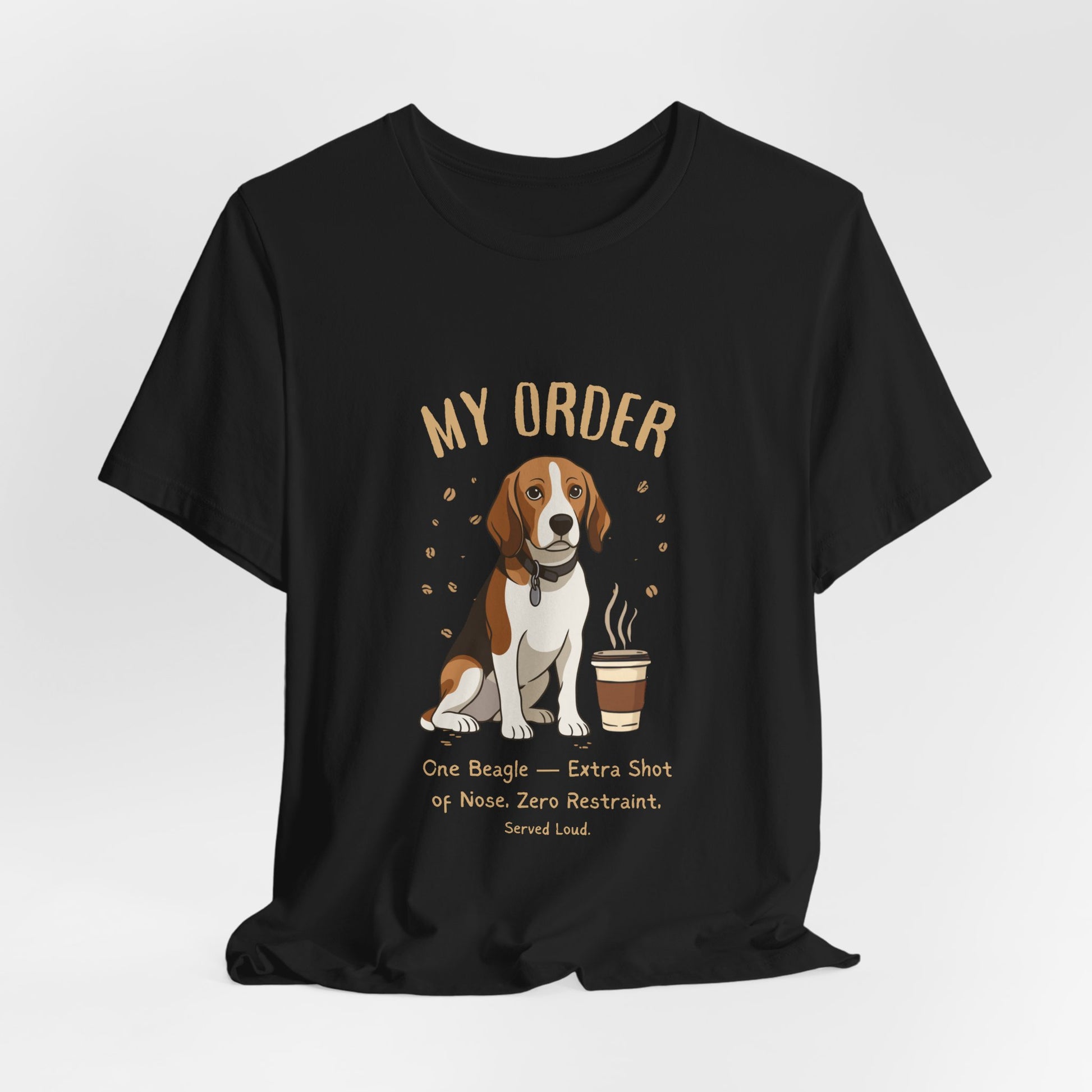Beagle Café Order T-Shirt – Dark Grey Heather – Side View