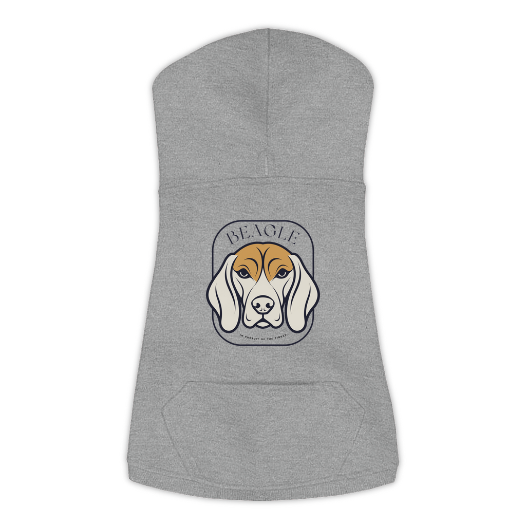 Beagle dog hoodie in Granite Heather — gold crest emblem print on cosy fleece pullover
