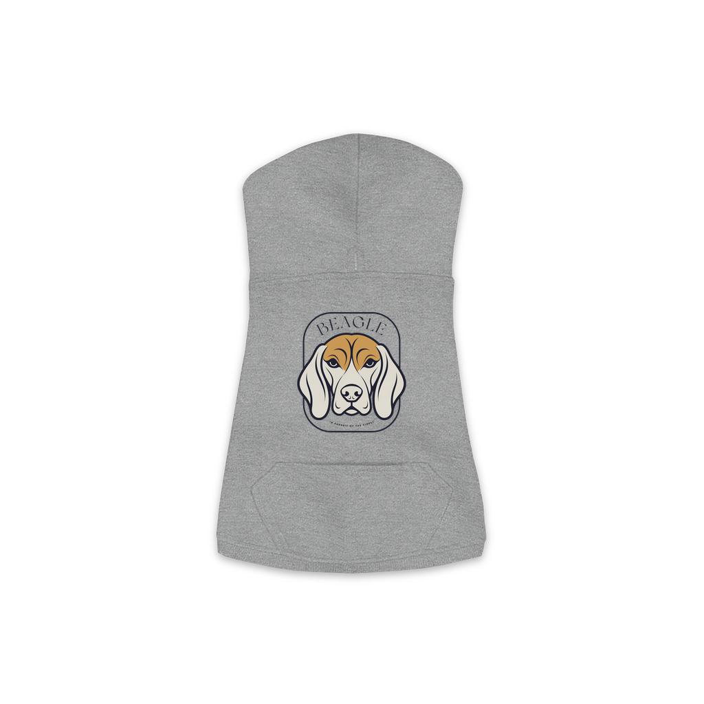 Beagle dog hoodie in Granite Heather — gold crest emblem print on cosy fleece pullover