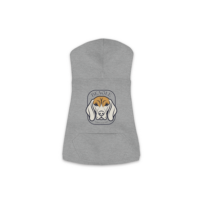 Beagle dog hoodie in Granite Heather — gold crest emblem print on cosy fleece pullover