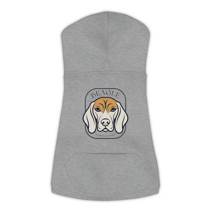 Beagle dog hoodie in Granite Heather — gold crest emblem print on cosy fleece pullover