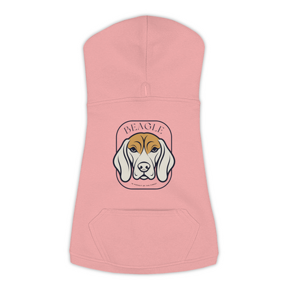 Beagle dog hoodie in Mauvelous — gold crest emblem print on cosy fleece pullover